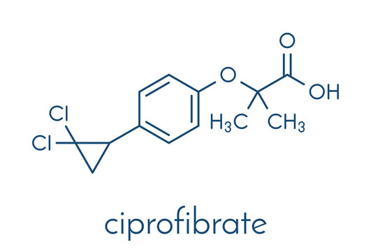 Ciprofibrate hyperlipidemia drug molecule (fibrate class). Skeletal formula.