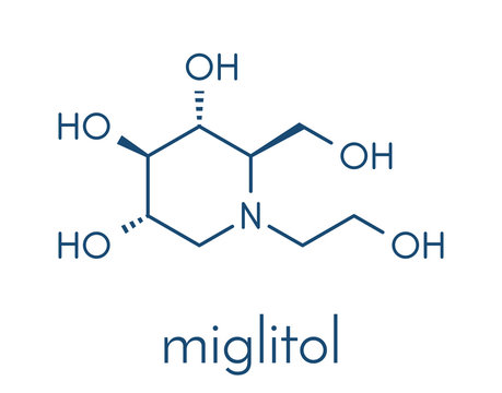 Miglitol diabetes drug molecule. Skeletal formula.