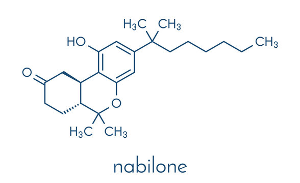 Nabilone antiemetic drug molecule. Analog of Cannabis compound THC. Skeletal formula.