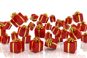 3d render of falling red christmas presents with golden ribbons over white reflecting background.