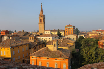 Church Tower in historic city center of Vignola, Italy