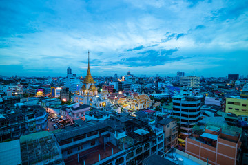 Bangkok cityscape skyline, Thailand. Modern tower and local building, temple at twilight evening