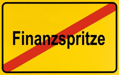 Town exit sign, German lettering Ende der Finanzspritze, symbolic of end of cash injection