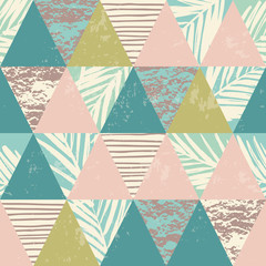 Seamless exotic pattern with tropical plants and geometric background.