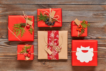 Christmas presents on wooden background