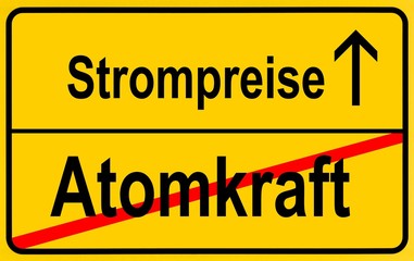 Obraz premium City limit sign, symbolic image in German for phasing out nuclear power stations and rising energy costs, electricity prices
