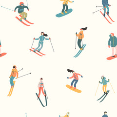Fototapeta na wymiar Vector illustration of skiers and snowboarders. Seamless pattern.