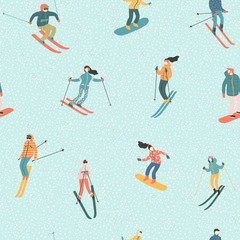Cotton fabric Vector illustration of skiers and snowboarders. Seamless pattern.