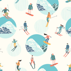 Vector illustration of skiers and snowboarders. Seamless pattern.