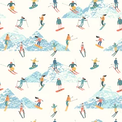 Wallpaper murals Mountains Vector illustration of skiers and snowboarders. Seamless pattern.