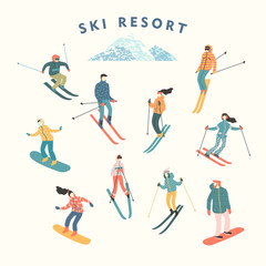 Vector illustration of skiers and snowboarders.