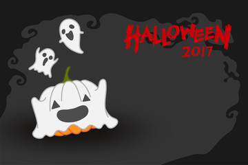Halloween pumpkin jack o lantern costume set ghost spooky concept idea and halloween 2017 text illustration isolated on dark scary background, with copy space
