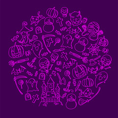 Halloween kids hand drawing set pattern background circle shape illustration isolated on purple color background