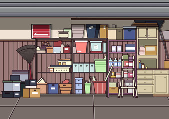 Clutter Garage. Video Game's Digital CG Artwork, Colorful Concept Illustration, Realistic Cartoon Style Background
