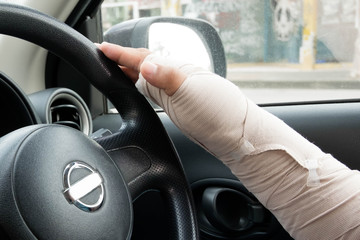 Broken Arm Man Driving Car, Accident and Insurance Concept