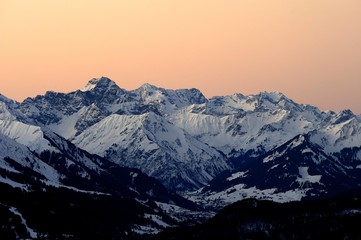 Fototapeta na wymiar Panoramic view of mountain peaks, at sunset, Allgaeu Alps, Tyrol, Austria, Europe