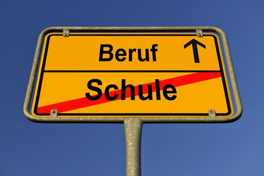 Sign, city limit, symbolic image for the transition from Schule or school to Beruf or work