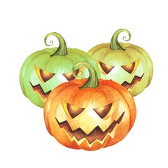 Scary Jack o Lantern halloween pumpkins. Watercolor illustration, isolated on white