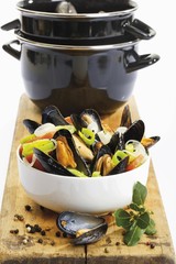 Mussels, rheinische art, with onions in a spicy sauce, in a porcelain dish in front of a mussel pot