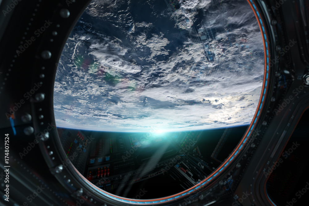 Poster View of planet Earth from a space station window 3D rendering elements of this image furnished by NASA