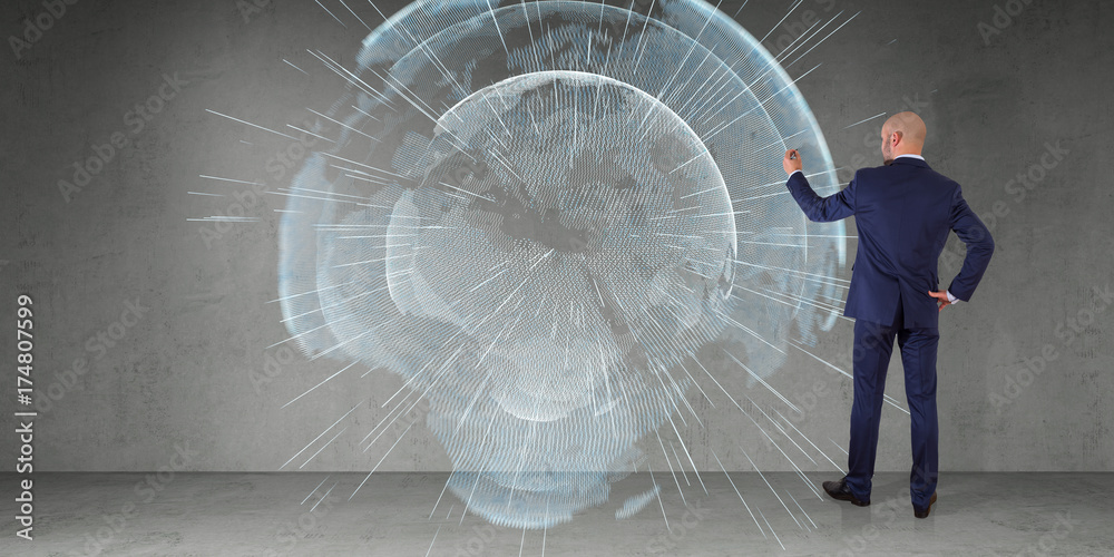 Poster Businessman using digital planet earth interface on a wall 3D rendering