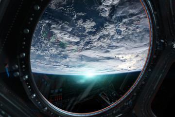 Naklejka premium View of planet Earth from a space station window 3D rendering elements of this image furnished by NASA