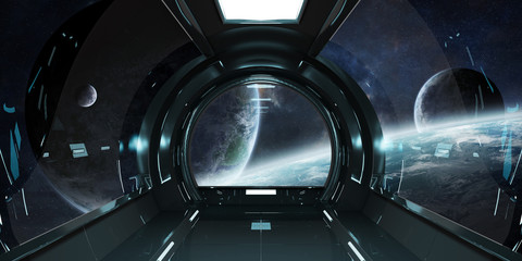 Naklejka premium Wnętrze statku kosmicznego z widokiem na planety Elementy renderowania 3D tego obrazu dostarczone przez NASA