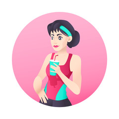 Sport yoga girl in leggings with smoothie vector white and pink background