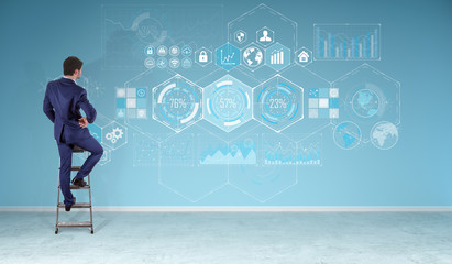 Businessman watching chart screens interface on a wall 3D rendering