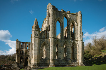 Fototapeta premium England, North Yorkshire, Rievaulx. Ruins of 13th century Rievaulx Abbey. Former Cistercian monastery.