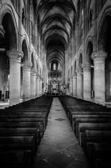 Inside a French church black and white scene