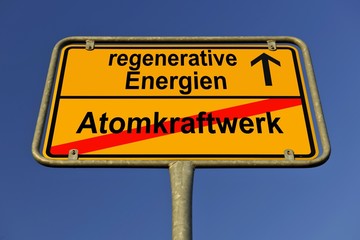 City limit sign, symbolic image in German for phasing out nuclear power stations and entering into renewable energy sources
