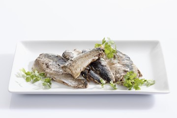 Mackerel fillets in oil and spices from the tin on a white plate