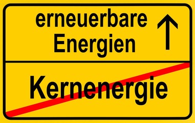 Symbolic image in the form of a town sign, in German, exit from nuclear energy, entrance into renewable energy sources