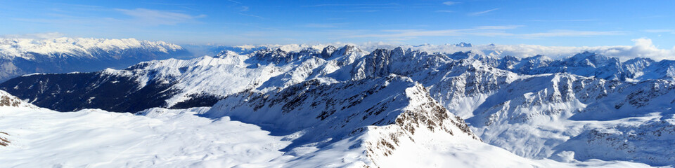 Mountain panorama with snow and blue sky in winter in Stubai Alps, Austria