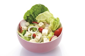 Mixed salad in a small porcelain bowl, feta cheese, feta cheese, lettuce, radishes, chives, onion, pepperoni