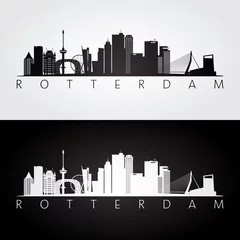 Fotobehang Rotterdam Rotterdam skyline en bezienswaardigheden silhouet, zwart-wit ontwerp, vectorillustratie.