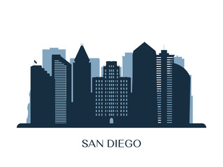 San Diego skyline, monochrome silhouette. Vector illustration.