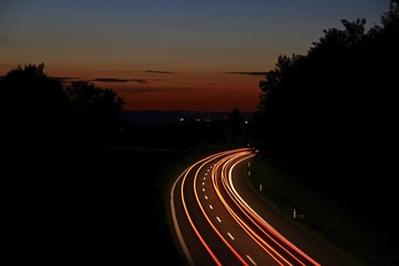 Light trails, dusk, highway, federal road B30, near Biberach, Upper Swabia, Baden-Wuerttemberg, Germany, Europe