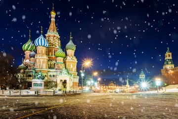 Night view of St. Basil's Cathedral on Red Square in winter