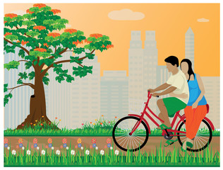 one man and lady on bicycle at park in city vector design
