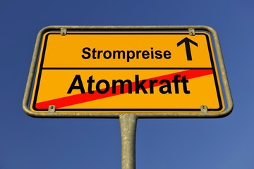 City limit sign, symbolic image in German for phasing out nuclear power stations and rising energy costs, electricity prices