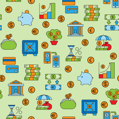 Banking money finance banking services accumulation bank investment vector seamless pattern background