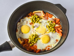 Fried eggs in a cast-iron frying pan