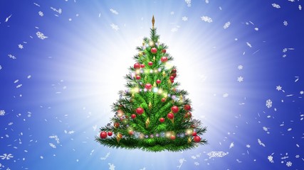 Obraz premium green Christmas tree over blue background with snowflakes and red balls