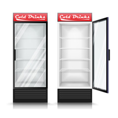 3D Realistic Refrigerator Vector. Glass Door Fridge Isolated Illustration