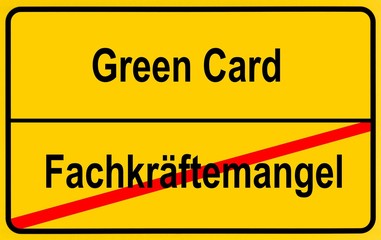 Obraz premium City limits sign, symbolic image, ending the lack of a specialised workforce by Green Cards for foreign skilled workers