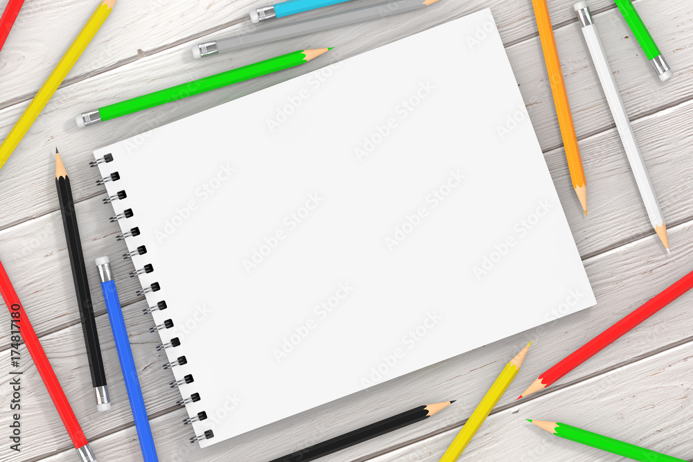 Aufkleber top view of white spiral paper cover art book with multicolour pencils. 3d rendering
