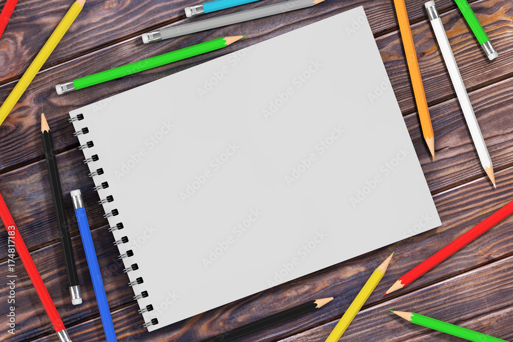 Aufkleber top view of white spiral paper cover art book with multicolour pencils. 3d rendering