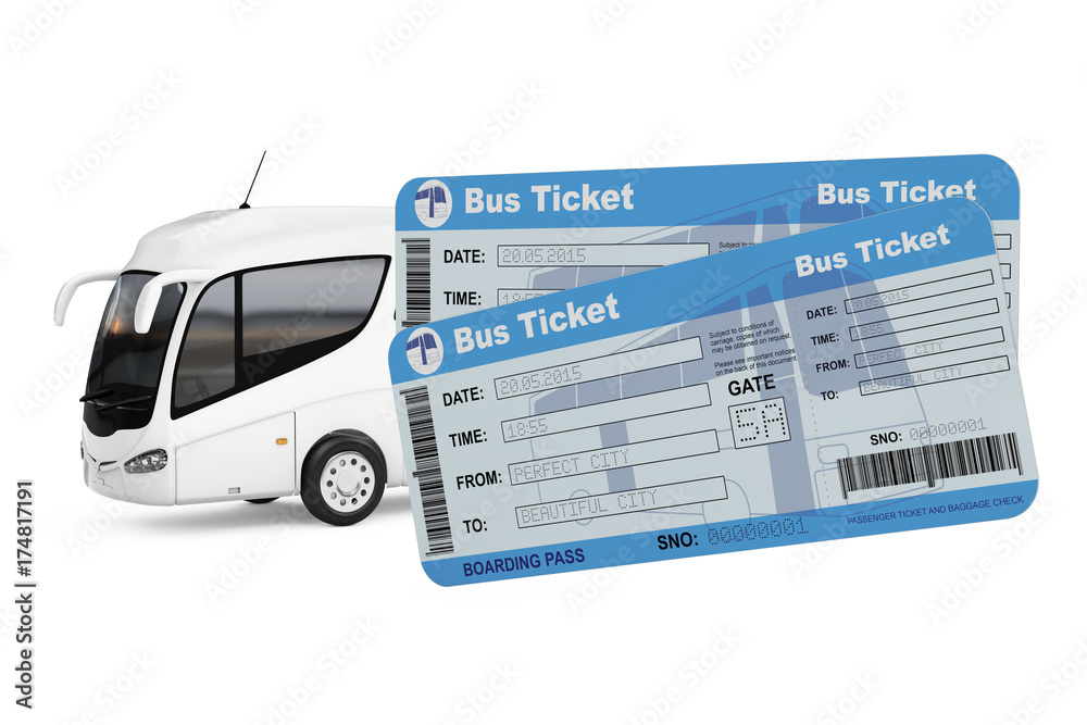 Poster big white coach tour bus with bus tickets. 3d rendering